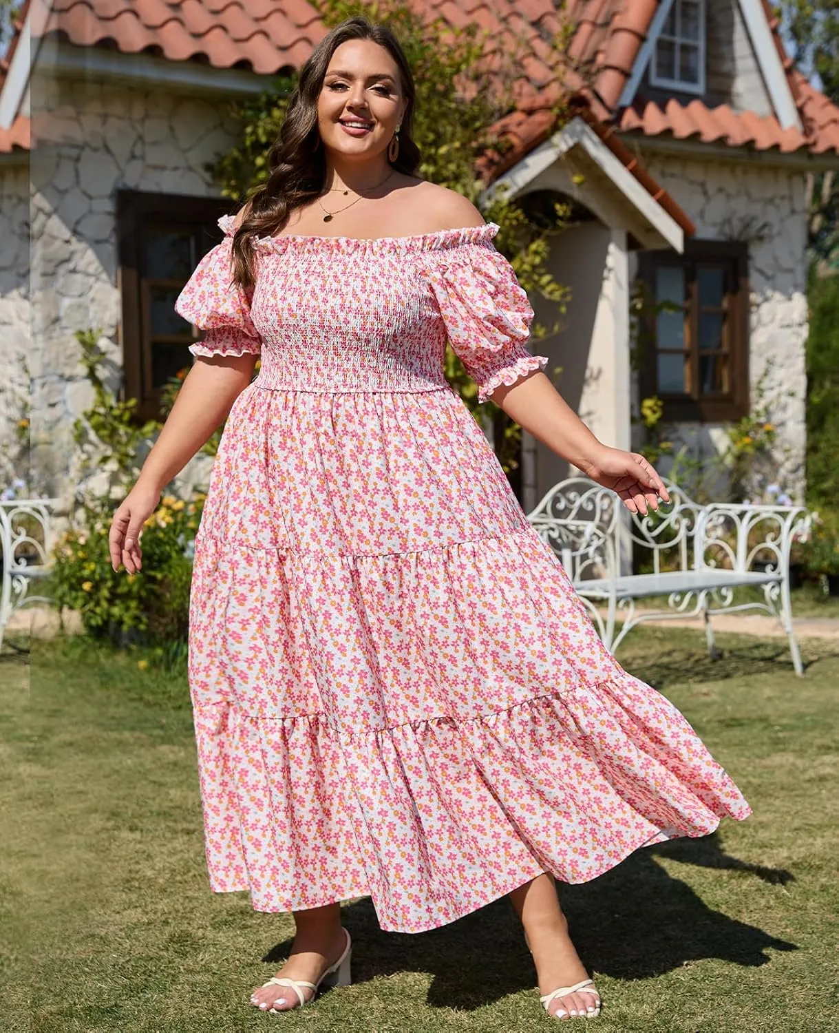 Women's Plus Size Casual Maxi Dress Square Neck Smocked Dress Short Puff Sleeve Floral Solid Summer Dress