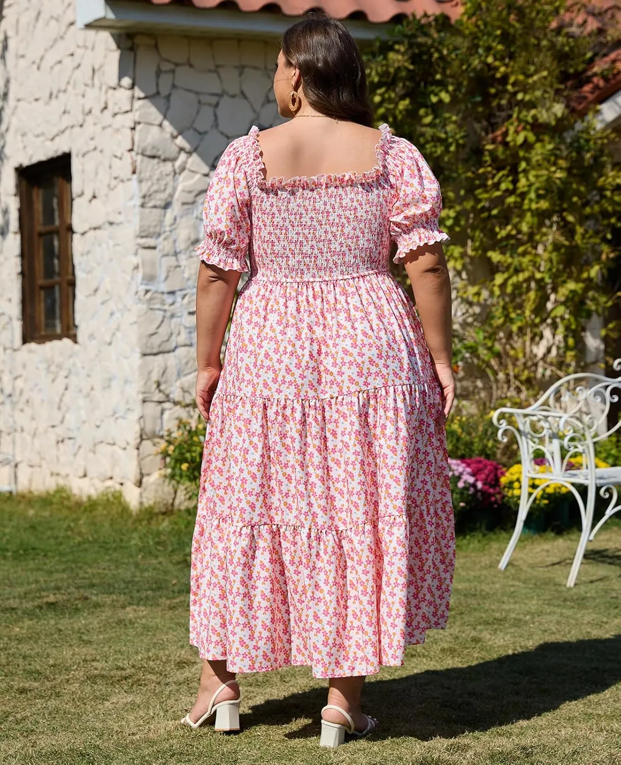 Women's Plus Size Casual Maxi Dress Square Neck Smocked Dress Short Puff Sleeve Floral Solid Summer Dress