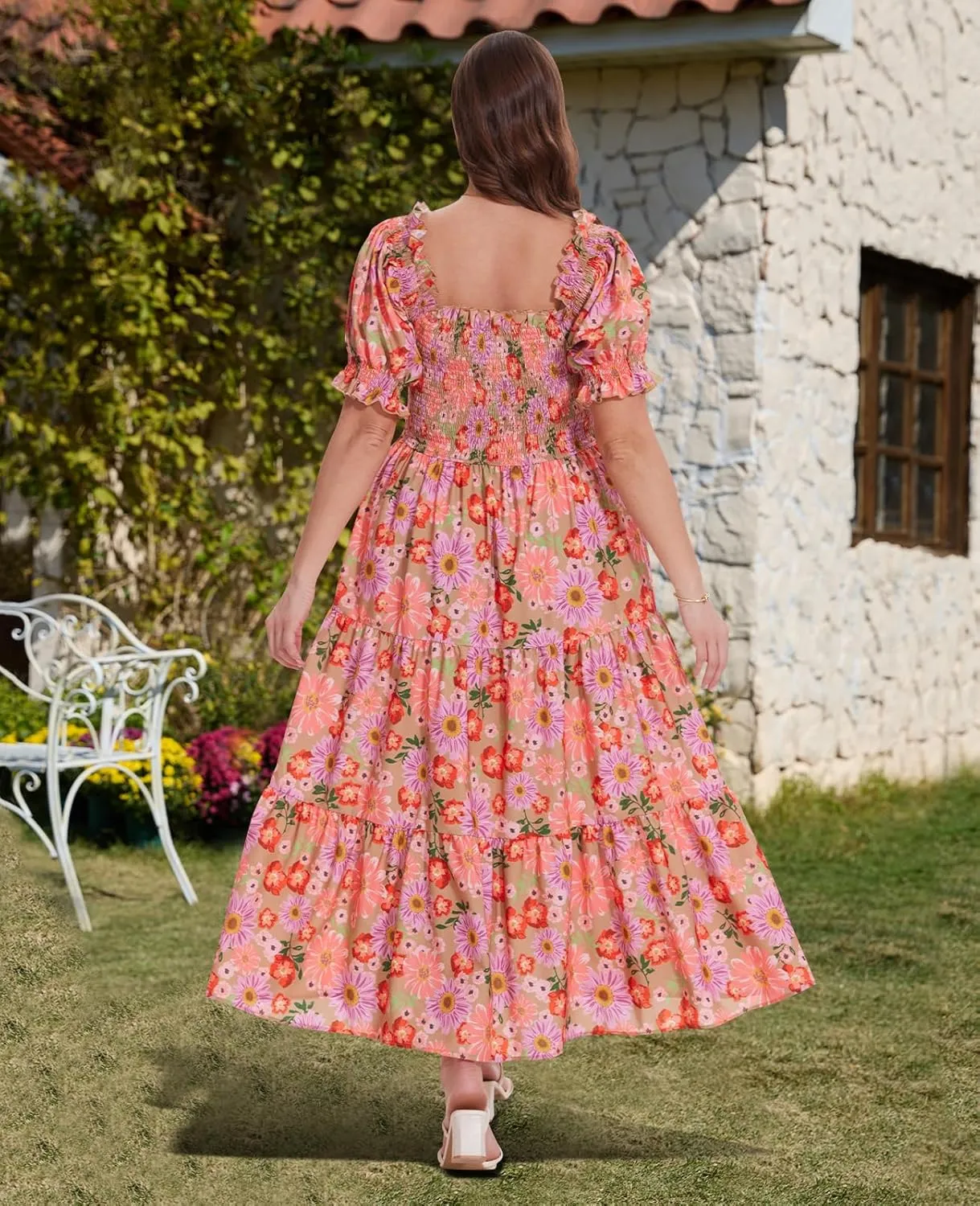 Women's Plus Size Casual Maxi Dress Square Neck Smocked Dress Short Puff Sleeve Floral Solid Summer Dress