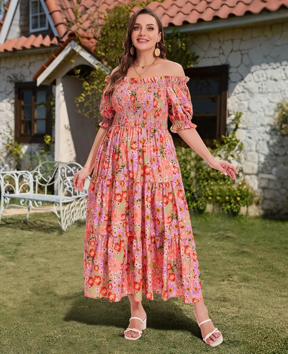 Women's Plus Size Casual Maxi Dress Square Neck Smocked Dress Short Puff Sleeve Floral Solid Summer Dress