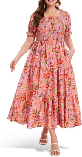 Women's Plus Size Casual Maxi Dress Square Neck Smocked Dress Short Puff Sleeve Floral Solid Summer Dress