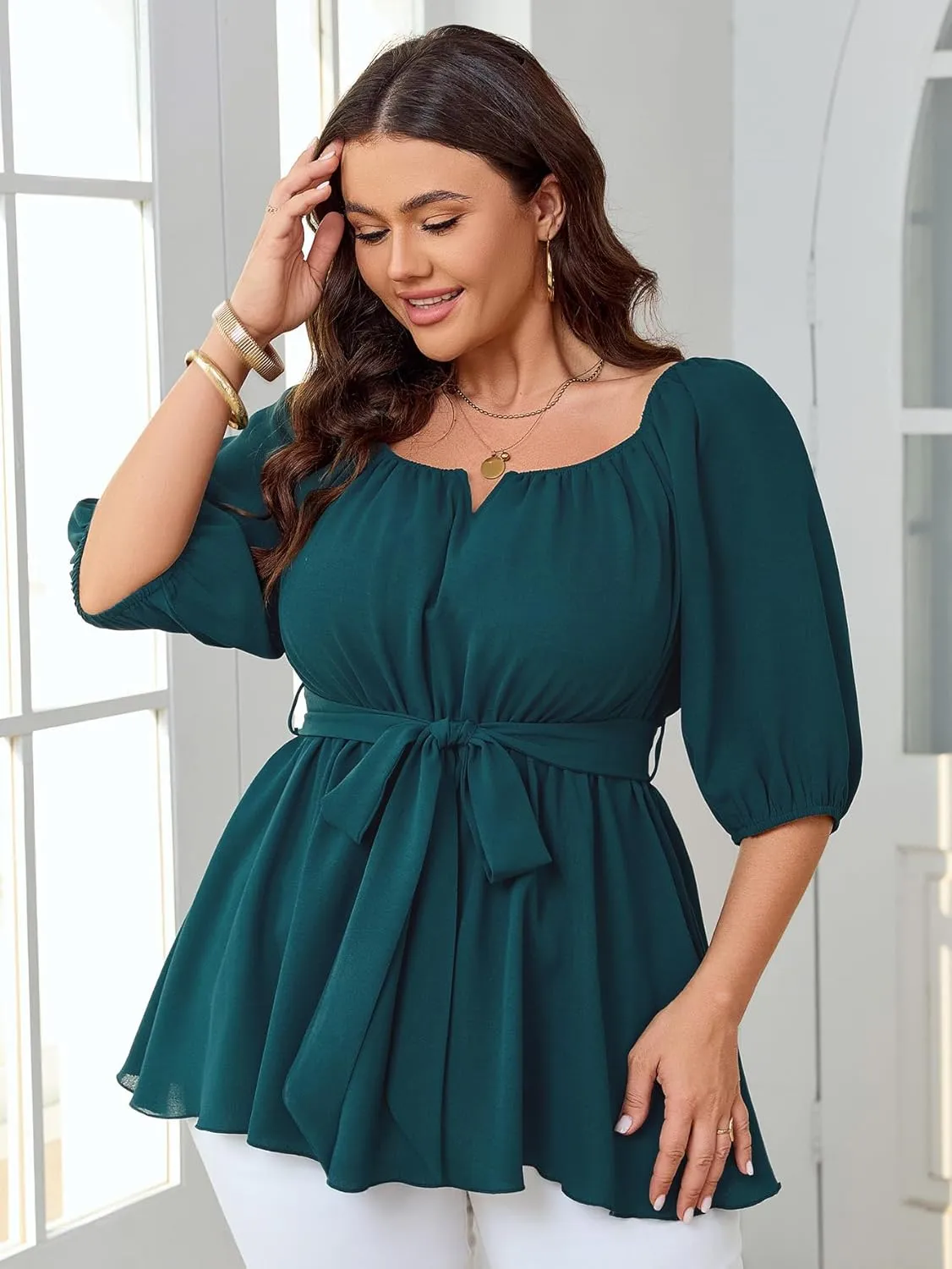 Women's Plus Size Square Neck Peplum Blouses Dressy Tops 3/4 Puff Sleeve Empire Waist Tie Ruffle Hem Babydoll Top