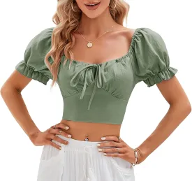 Womens Puff Short Sleeve Crop Tops Square Neck Ruched Front Bow Tie Shirts Cute Summer Vocation Beach Blouse