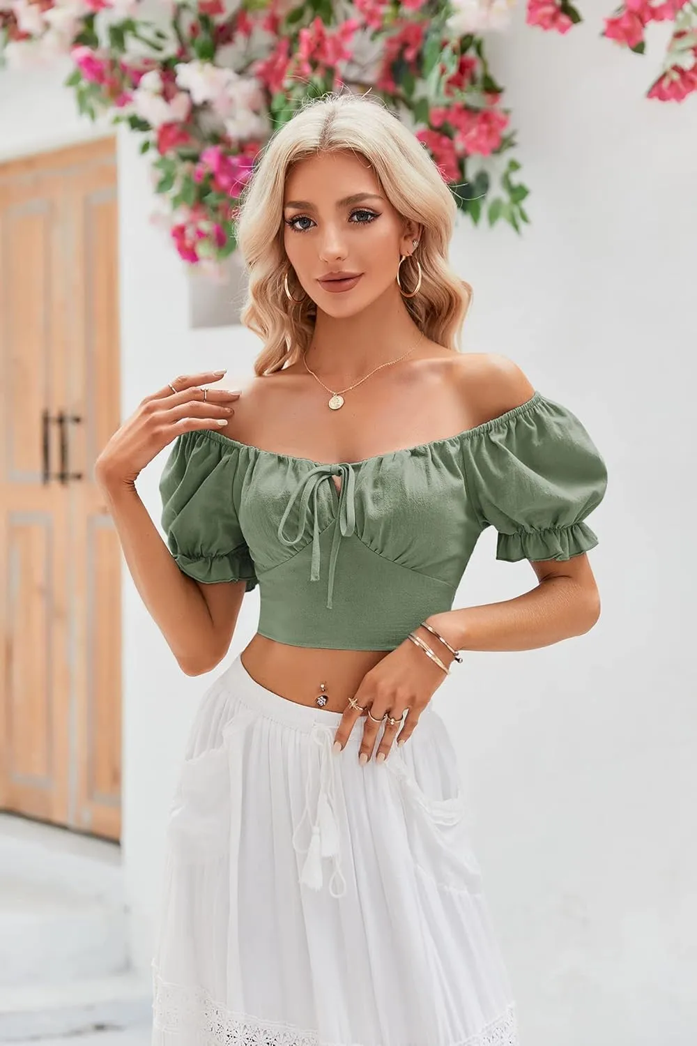 Womens Puff Short Sleeve Crop Tops Square Neck Ruched Front Bow Tie Shirts Cute Summer Vocation Beach Blouse
