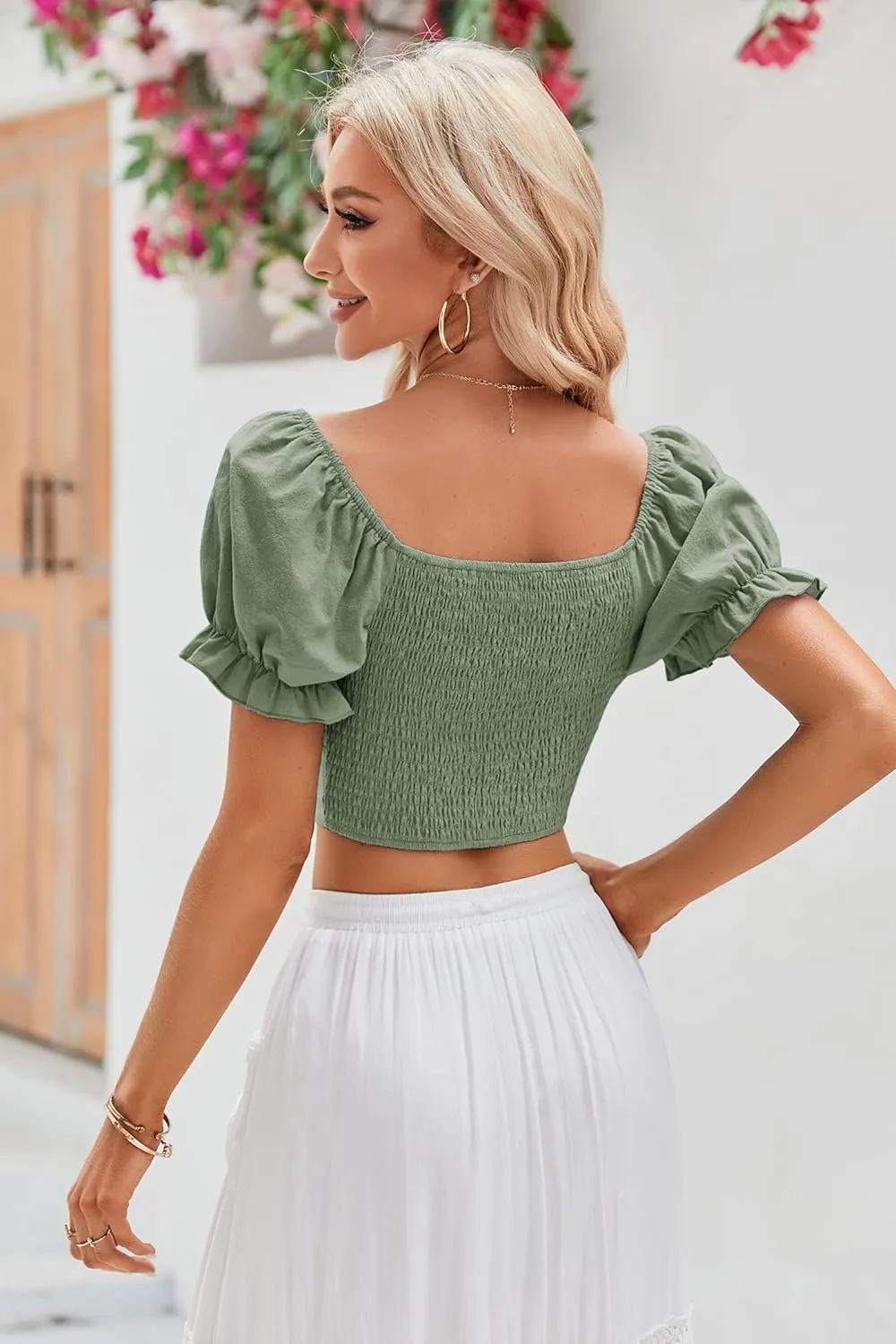 Womens Puff Short Sleeve Crop Tops Square Neck Ruched Front Bow Tie Shirts Cute Summer Vocation Beach Blouse