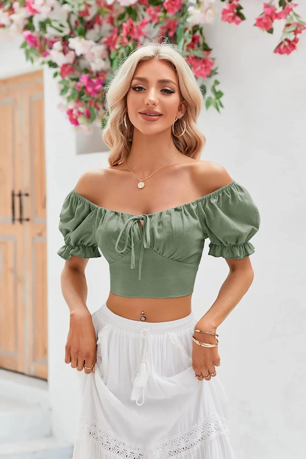 Womens Puff Short Sleeve Crop Tops Square Neck Ruched Front Bow Tie Shirts Cute Summer Vocation Beach Blouse