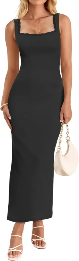 Women's Square Neck with Lace Trim Sleeveless Long Maxi Dress Lounge Ribbed Bodycon Elegant Dresses