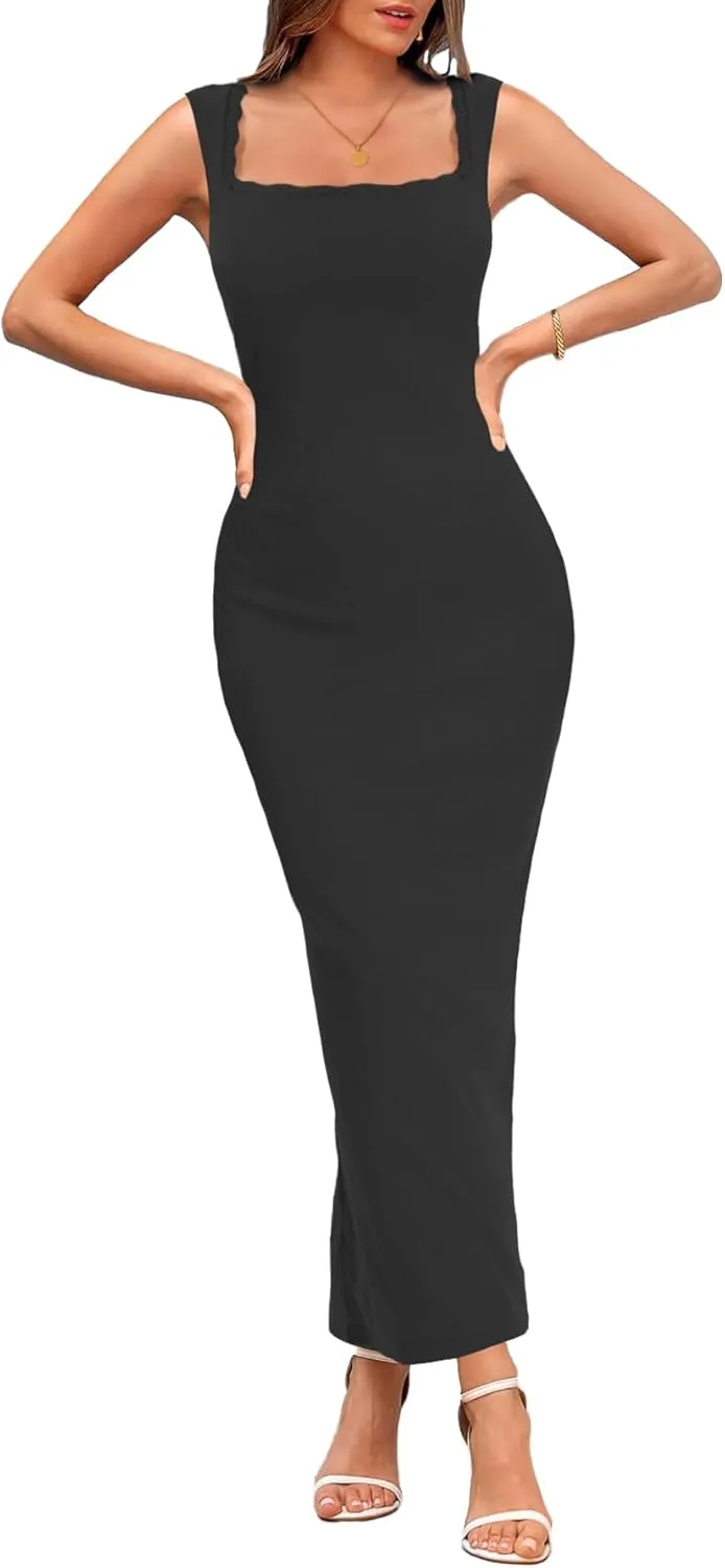 Women's Square Neck with Lace Trim Sleeveless Long Maxi Dress Lounge Ribbed Bodycon Elegant Dresses