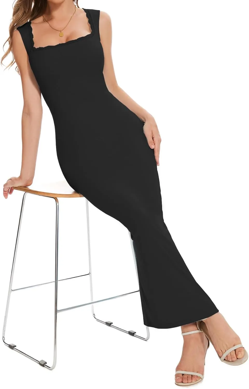 Women's Square Neck with Lace Trim Sleeveless Long Maxi Dress Lounge Ribbed Bodycon Elegant Dresses