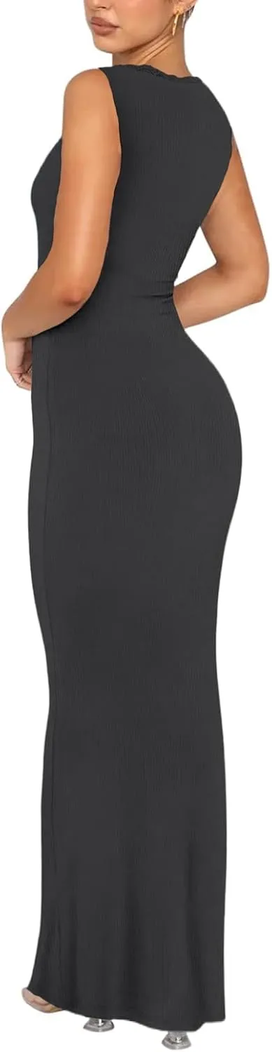 Women's Square Neck with Lace Trim Sleeveless Long Maxi Dress Lounge Ribbed Bodycon Elegant Dresses