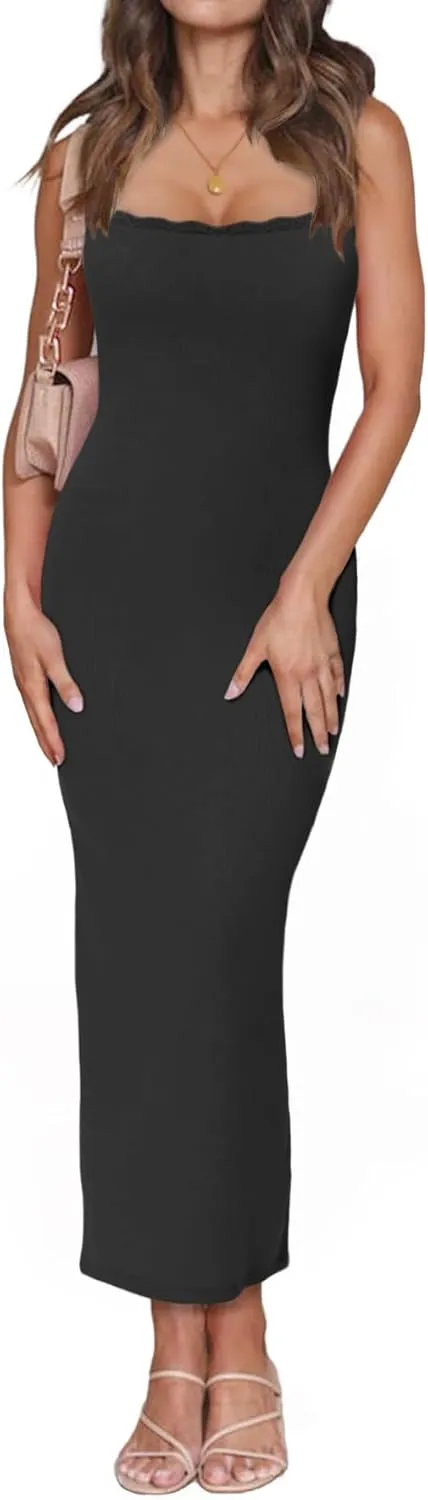 Women's Square Neck with Lace Trim Sleeveless Long Maxi Dress Lounge Ribbed Bodycon Elegant Dresses