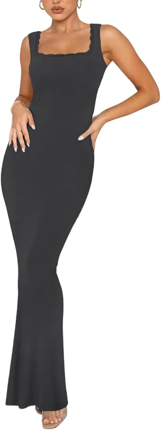 Women's Square Neck with Lace Trim Sleeveless Long Maxi Dress Lounge Ribbed Bodycon Elegant Dresses
