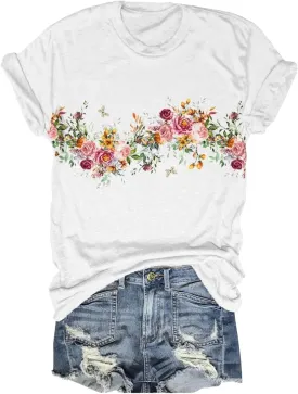 Women's Vintage Flowers Shirt Casual Boho Floral Printed T-Shirt Sunflower Wildflowers Graphic Tees Tops for Girl