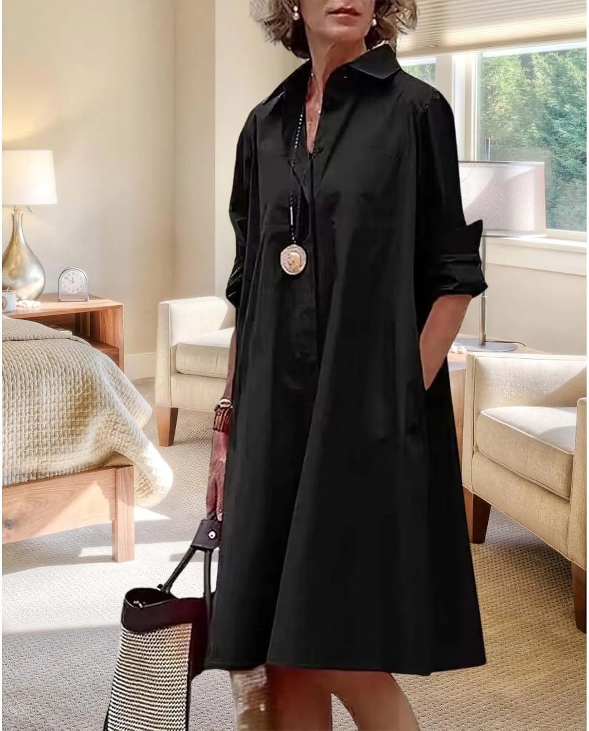 Womens Wedding Guest Button Down Dress Plus Size Linen Elegant Maxi Dress Cotton Long Lapel Shirtdress 2025 Swing